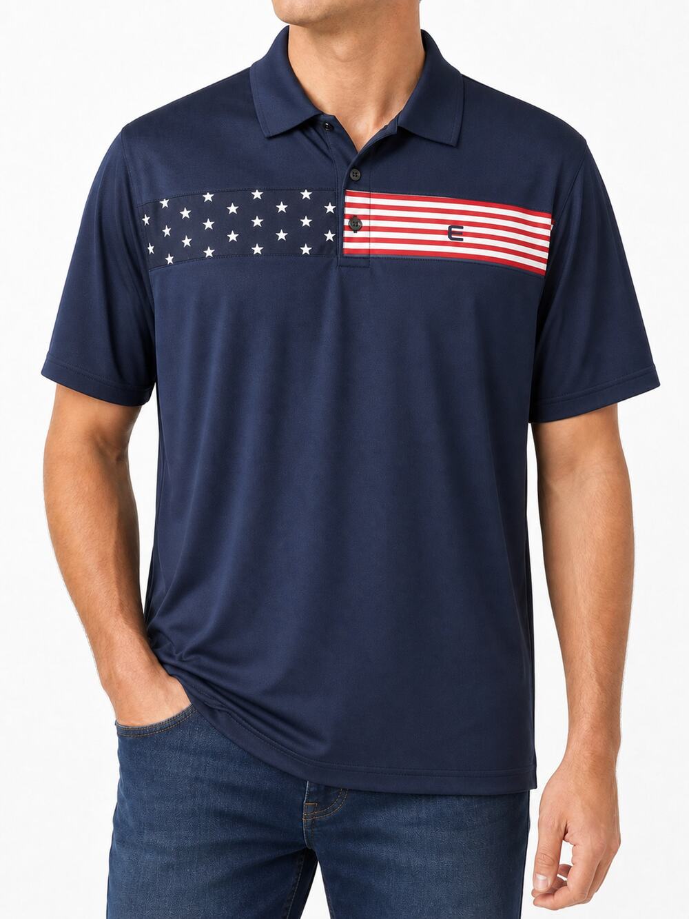 Travis Mathew American Flag Stars & Stripes Golf Polo Shirt Men's XL Navy Preppy